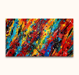 Jackson Pollock signature - Wild Dreams: A vibrant abstract painting with energetic splashes and drips, featuring bold colors layered on a rectangular canvas. Perfect for expressive art enthusiasts.