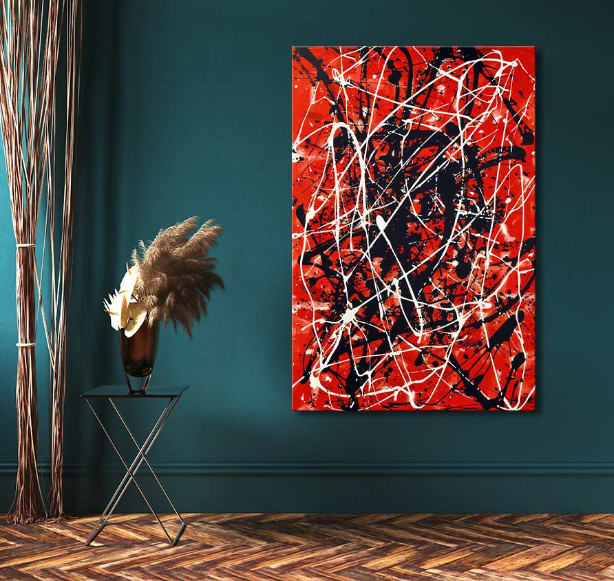 Jackson Pollock signature – Dreams on Red: Abstract oil painting with vibrant splatters, on teal wall above a black side table, accented by a vase of dried botanicals.