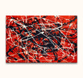 Abstract red canvas with dynamic black and white drips, resembling Jackson Pollock's style. Hand-painted, high-quality oil painting, ready to hang.