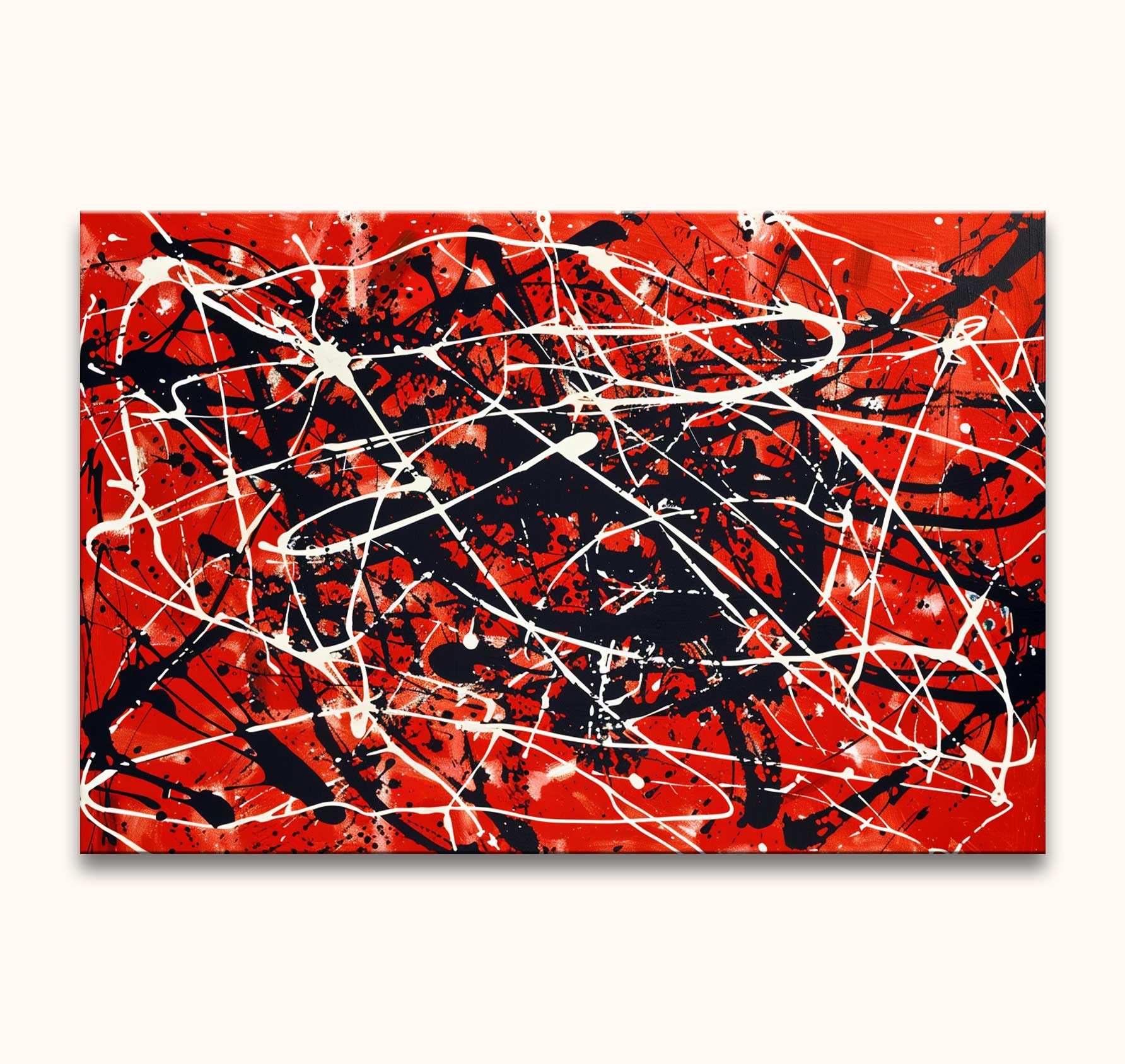 Abstract red canvas with dynamic black and white drips, resembling Jackson Pollock's style. Hand-painted, high-quality oil painting, ready to hang.