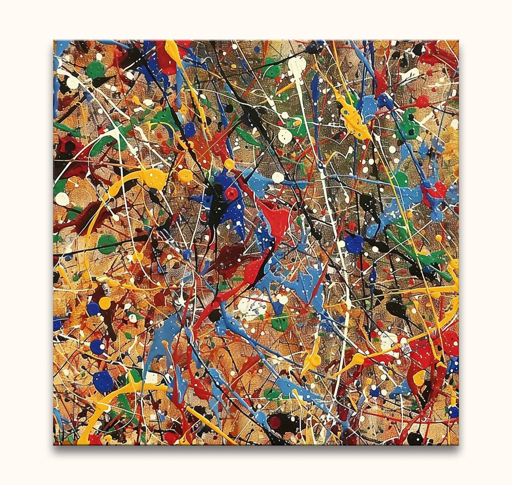 Abstract drip painting in the style of Jackson Pollock titled Summer Day, featuring vibrant, energetic splashes on a tan canvas, hand-painted for expressive art enthusiasts.