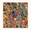Abstract drip painting in the style of Jackson Pollock titled Summer Day, featuring vibrant, energetic splashes on a tan canvas, hand-painted for expressive art enthusiasts.
