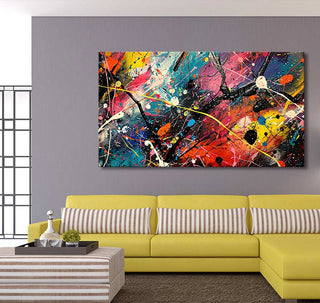 Jackson Pollock signature - Nocturnal Adventures abstract painting above mustard-yellow sectional in modern living room; vibrant colors and dynamic strokes enhance contemporary decor.