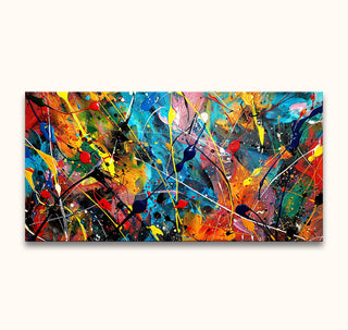 Abstract painting Beach Days - Jackson Pollock signature. Vivid blues, oranges, and yellows in a dynamic drip-and-splash style. Energetic, textured oil on canvas.