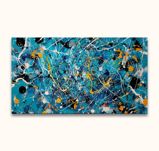 Abstract drip painting Jackson Pollock signature – Aquatic features dynamic splatters on teal. Hand-painted, ready to hang, ideal for expressive art enthusiasts.