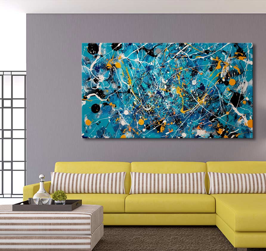Jackson Pollock signature – Aquatic: A vibrant abstract oil painting in turquoise, white, black, and yellow, displayed in a modern living room with a contemporary sofa and decor.
