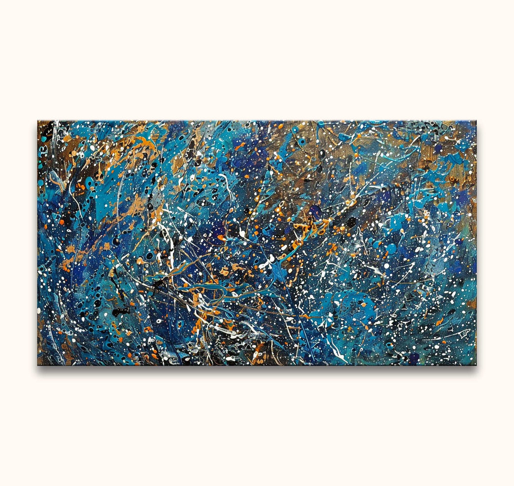 Abstract schilderij Living Daylights in Jackson Pollock-stijl, met kosmisch blauw en energieke verfspetters. Expressieve, handgeschilderde olieverf op hoogwaardig canvas.