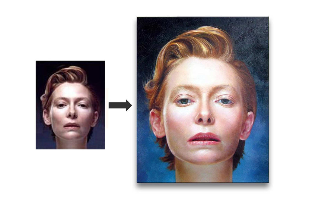Portrait headshot transformed into a detailed oil-painting style rendering. Schilderij op basis van foto shows a personalized artistic reimagining, perfect for cherished memories.