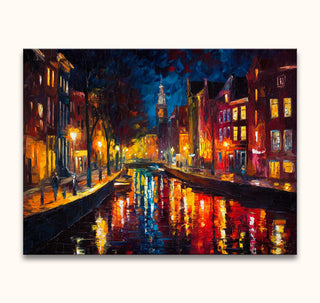 Olieverfschilderij 'Oudezijds Achterburgwal' in Leonid Afremov-stijl. Nachtelijk stadsgezicht van Amsterdam met reflecterende lichten op het kanaal. Geschilderde zijkanten, klaar om op te hangen.
