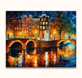 Twee silhouetten op brug bij nachtelijk Amsterdam, in de stijl van Leonid Afremov. Olieverf schilderij met stadse charme, direct ophangbaar.