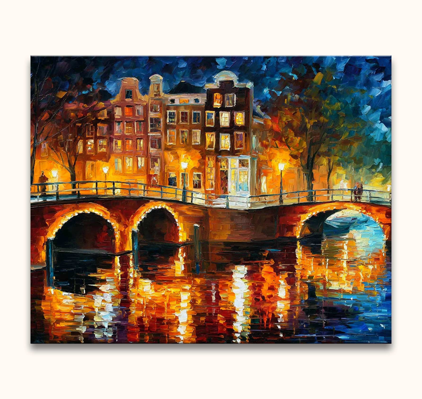 Twee silhouetten op brug bij nachtelijk Amsterdam, in de stijl van Leonid Afremov. Olieverf schilderij met stadse charme, direct ophangbaar.