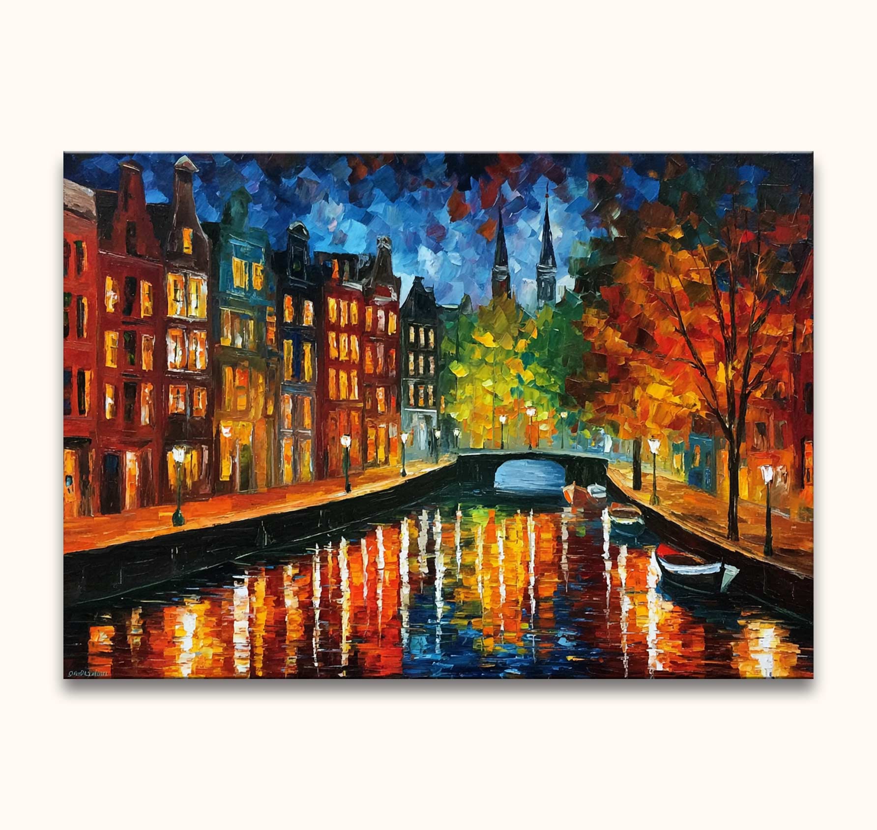 Handgeschilderd schilderij 'Brouwersgracht' in de stijl van Leonid Afremov. Nachtelijk stadsgezicht met verlichte huizen en brug, reflecties in water. Olieverf op canvas.