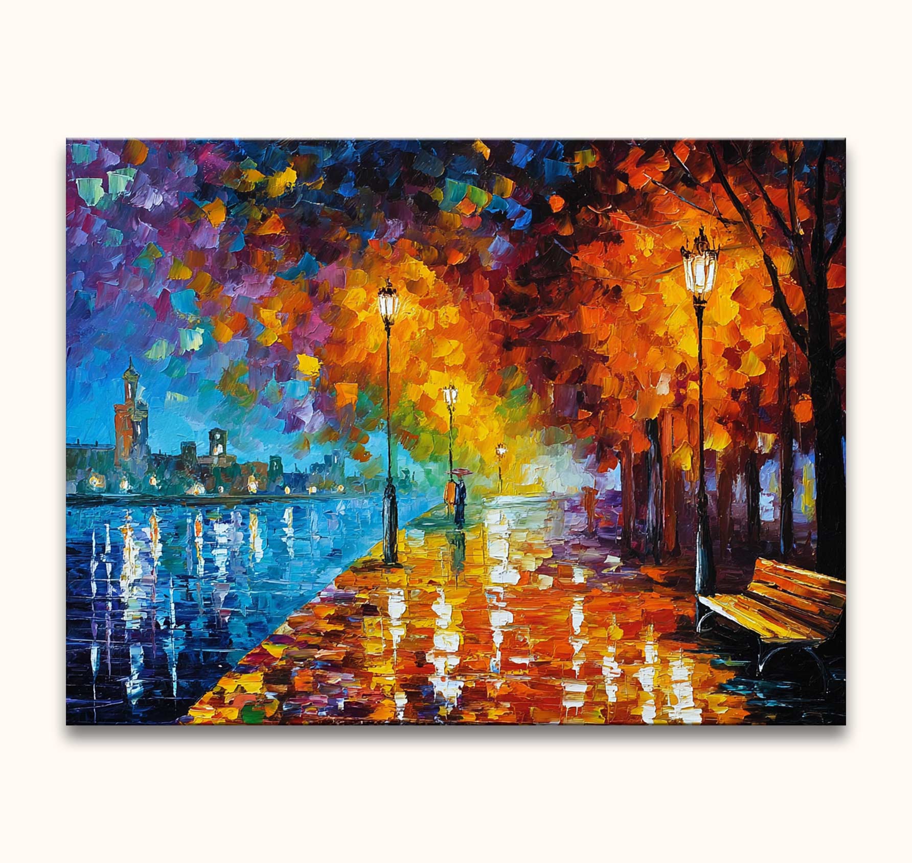 Twee figuren onder paraplu langs rivierpromenade met herfstbomen en stadslichten. Origineel schilderij 'Waterkant' in Leonid Afremov-stijl, olieverf op canvas.