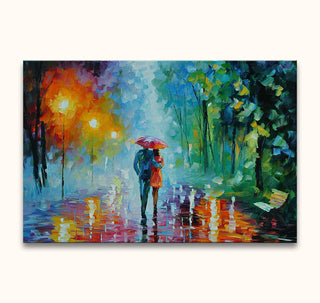 Stel jezelf een schilderij voor: Twee geliefden met een paraplu in de regen, geïnspireerd door Leonid Afremov. Impressionistisch olieverfwerk op canvas, klaar om op te hangen.