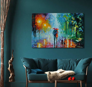 Twee geliefden onder paraplu in regenachtig park, geïnspireerd door Leonid Afremov. Origineel olieverfschilderij, handgeschilderd op canvas. Perfect voor romantische interieurs.