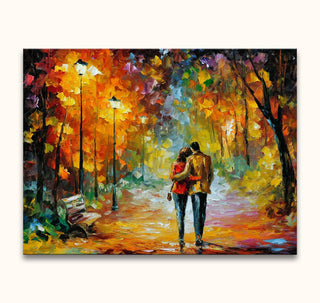 Twee mensen wandelen in een herfstpark, geïnspireerd door Leonid Afremov. Olieverfschilderij, impressionistische stijl, op gespannen canvas.