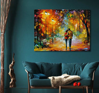 Handgeschilderd schilderij 'You and Me' in de stijl van Leonid Afremov, toont een stel in een herfstpark. Olieverf op canvas, ideaal voor moderne interieurs.