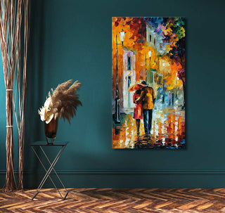 Twee figuren onder een paraplu op een natte straat, geïnspireerd door Leonid Afremov. Olieverfschilderij 'After the Date', handgeschilderd door Grootmeesters.