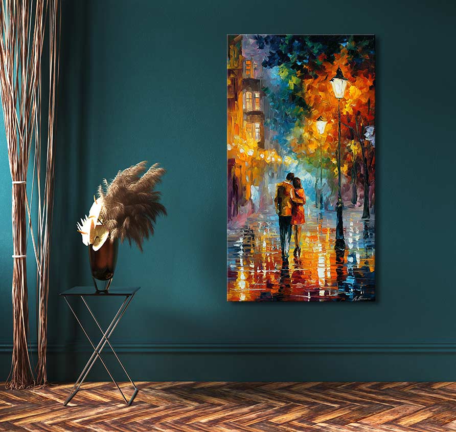 Origineel olieverfschilderij 'Love Street' in de stijl van Leonid Afremov, toont een koppel onder lantaarns op een regenachtige straat. Geschilderd met hoge kwaliteit materialen.