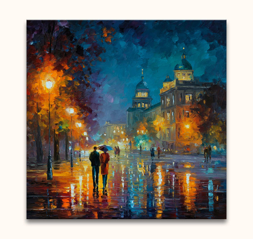 Twee figuren met paraplu in een regenachtige Berlijnse nacht, geïnspireerd door Leonid Afremov. Handgeschilderd olieverfschilderij op doek, klaar om op te hangen.