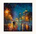 Twee figuren met paraplu in een regenachtige Berlijnse nacht, geïnspireerd door Leonid Afremov. Handgeschilderd olieverfschilderij op doek, klaar om op te hangen.