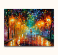 Twee figuren onder paraplu op een regenachtige laan, schilderij 'Farewell to Anger' in Leonid Afremov-stijl, olieverf op canvas, handgemaakt door Grootmeesters.