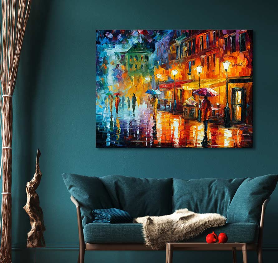 Origineel schilderij 'Rainy Main Street' in de stijl van Leonid Afremov. Impressionistisch stadsgezicht met regenachtige straat, kleurrijk en sfeervol. Geschilderd op canvas.