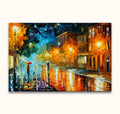Twee figuren met paraplu's op een regenachtige straat, in de stijl van Leonid Afremov. Olieverf schilderij 'Two Lost Souls', handgeschilderd op doek.