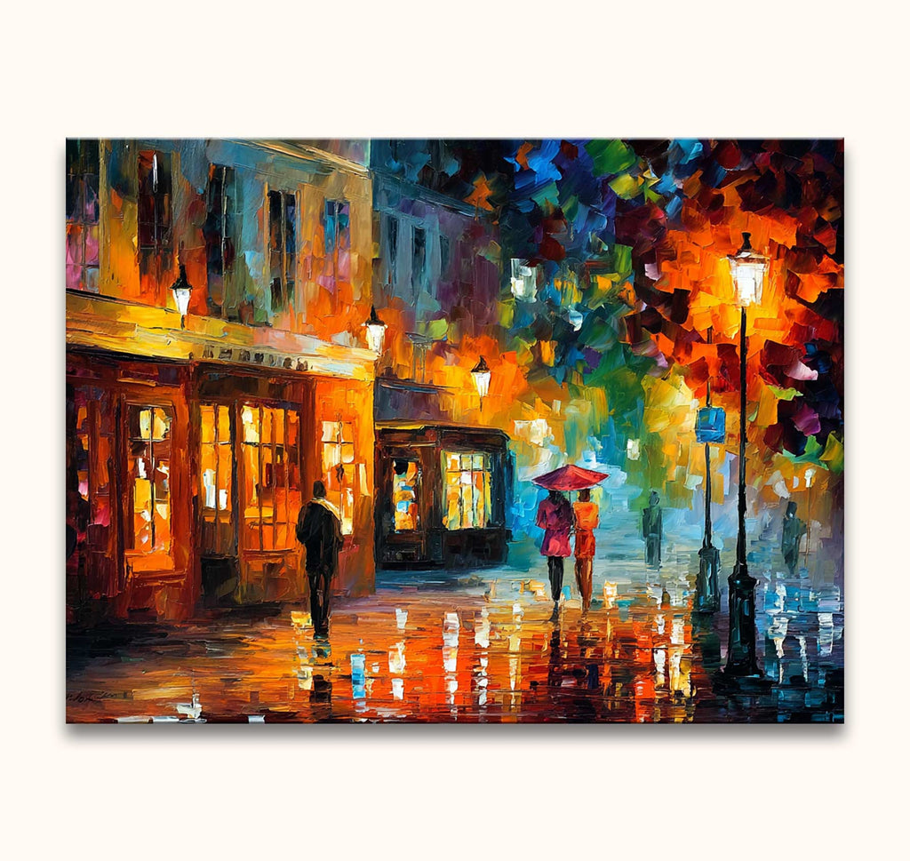 Twee figuren onder rode paraplu op regenachtige straat met fel verlichte gevel, geïnspireerd door Leonid Afremov. Origineel schilderij 'The Swan' door Grootmeesters.