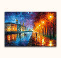 Romantisch stadsgezicht 'Love from Saint Petersburg' in Leonid Afremov-stijl. Regenachtige avond, historische gebouwen, boot, wandelend paar. Handgeschilderd olieverf op canvas.