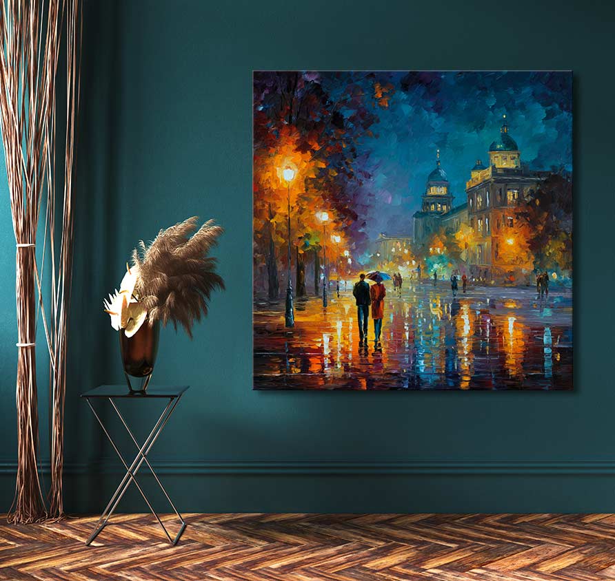 Origineel schilderij 'Lovers in Berlin' in Leonid Afremov-stijl, toont een regenachtige stadsavond met stelletjes onder paraplu's. Geschilderd op doek.