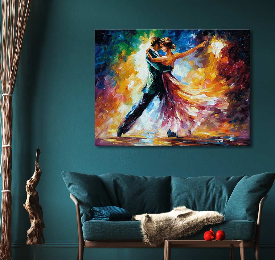 Dansend paar in levendige kleuren, olieverf. 'Delightful Waltz Panorama' in Leonid Afremov-stijl, origineel werk. Geschilderd op canvas, klaar om op te hangen.