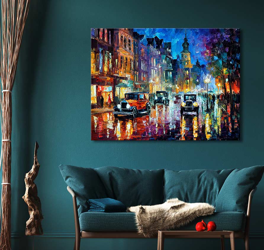 Handgeschilderd schilderij 'Raadhuisstraat' in de stijl van Leonid Afremov, toont een impressionistisch stadsbeeld met natte straten en verlichte winkels.
