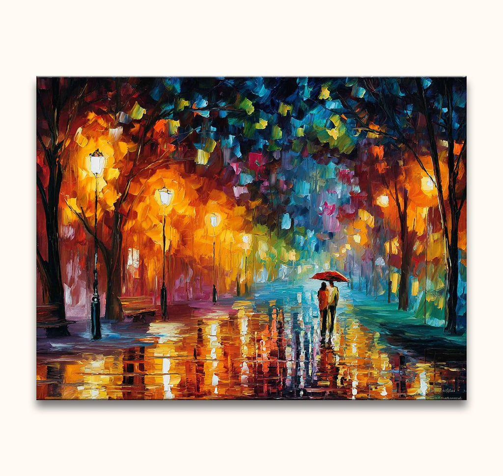 Rains Rustle - In de stijl van Leonid Afremov: Romantisch schilderij van een stel onder rode paraplu, wandelend in regenachtig park, impasto-olieverf op canvas.