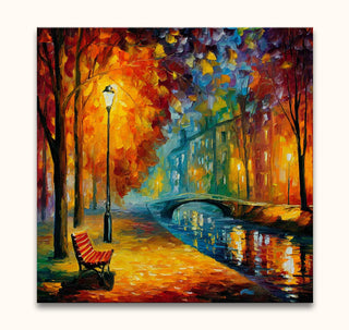 Schilderij 'Bench and Lamppost in a Park' in de stijl van Leonid Afremov. Nachtelijk park met bank, lantaarn en kanaal. Handgeschilderd, modern impressionisme.