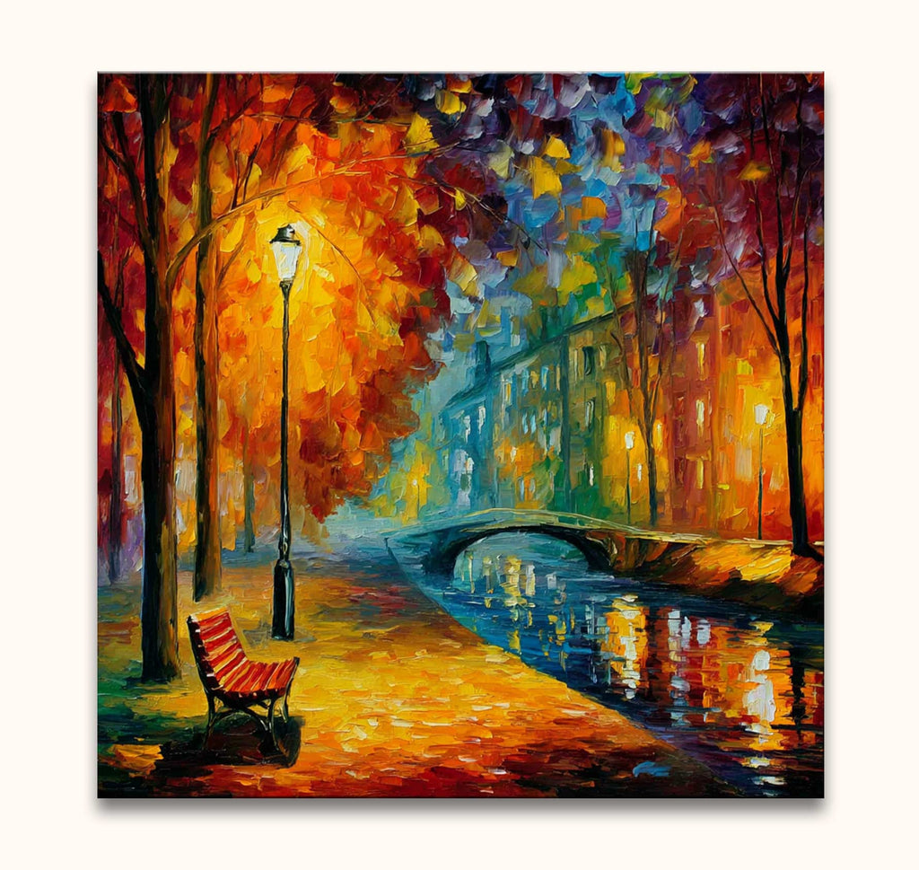 Schilderij 'Bench and Lamppost in a Park' in de stijl van Leonid Afremov. Nachtelijk park met bank, lantaarn en kanaal. Handgeschilderd, modern impressionisme.