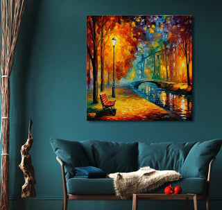 Schilderij 'Bench and Lamppost in a Park' in Leonid Afremov stijl, handgeschilderd, impressionistisch, parktafereel met bank, lantaarn, brug, boom, op zuurvrij canvas.