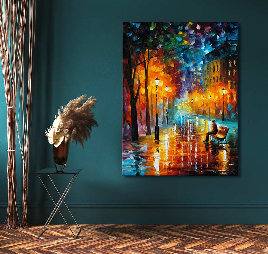 Origineel schilderij 'Loneliness of Autumn' in Leonid Afremov-stijl; avondpark tafereel met bank, lantaarns en bomen. Geschilderd op hoogwaardig doek.