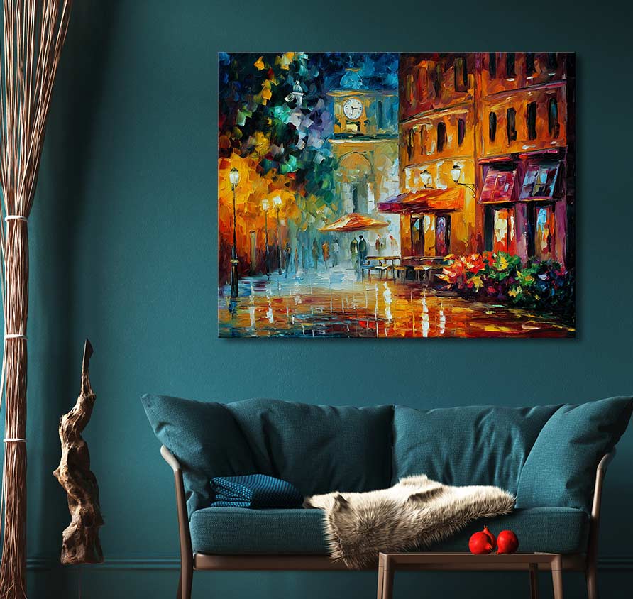 Handgeschilderd schilderij 'Closing Time' in Leonid Afremov-stijl; stadsgezicht met lantaarns, silhouetten en reflecties. Geschilderd op hoogwaardig, zuurvrij canvas.