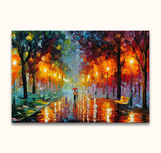 Schilderij 'Rainy Park' in de stijl van Leonid Afremov: stel centraal een stel met rode paraplu, omgeven door kleurrijke bomen en lantaarns, op een natte parkweg.