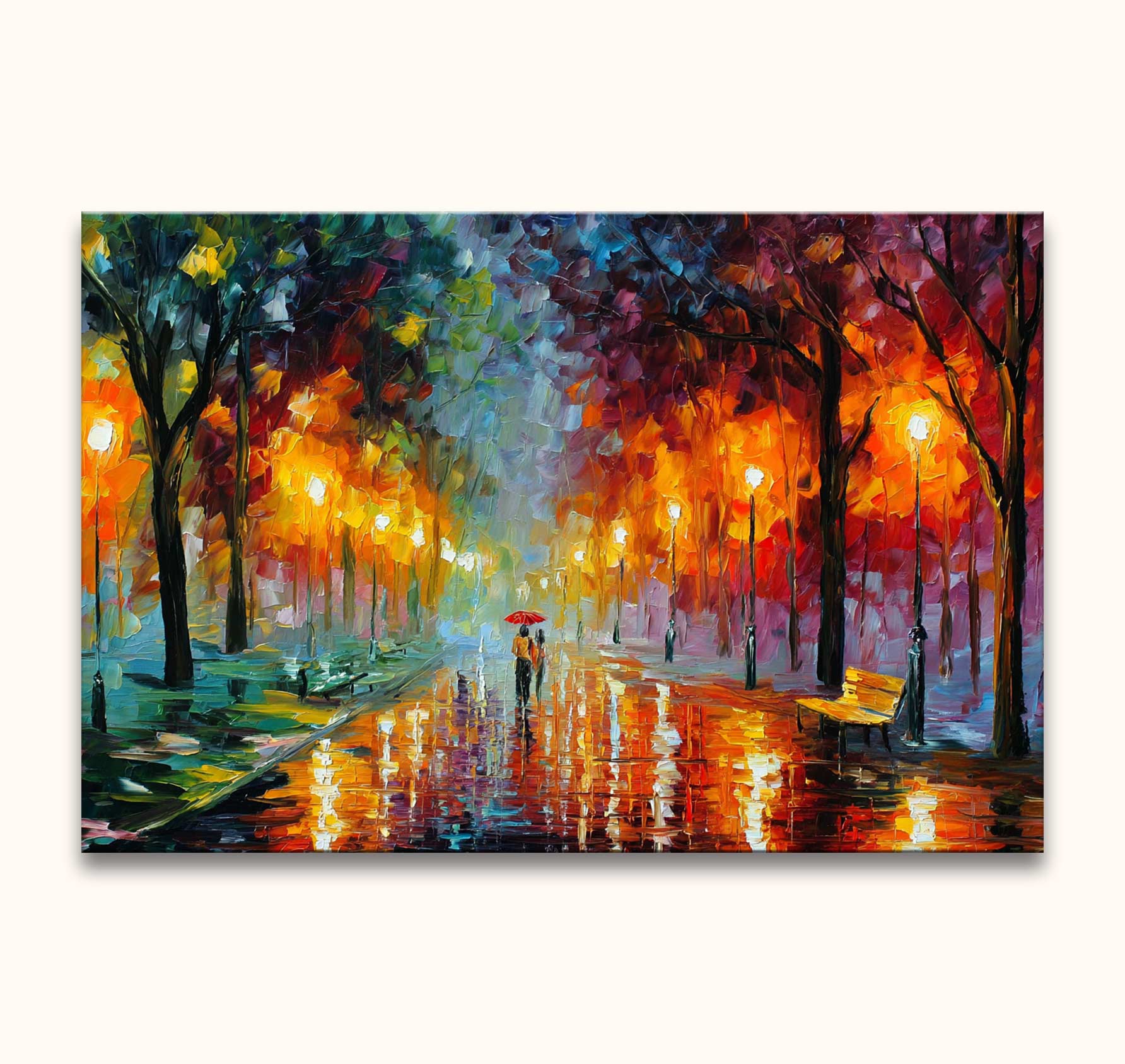 Schilderij 'Rainy Park' in de stijl van Leonid Afremov: stel centraal een stel met rode paraplu, omgeven door kleurrijke bomen en lantaarns, op een natte parkweg.