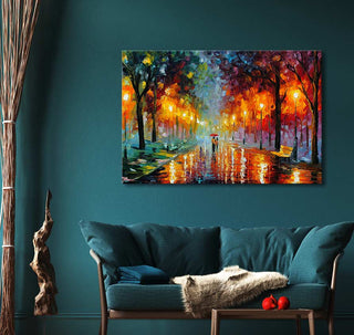Zicht op 'Rainy Park' in de stijl van Leonid Afremov, een handgeschilderd olieverfschilderij met een regenachtig park tafereel, perfect voor moderne interieurs.
