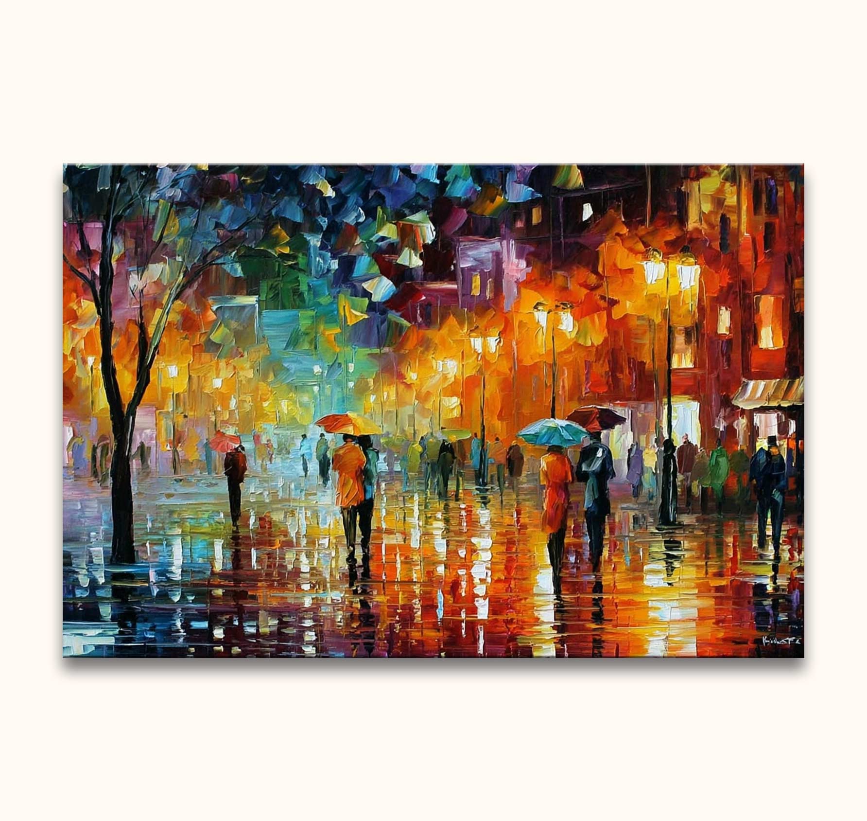 Regenachtige winkelstraat met mensen onder paraplu's, geïnspireerd door Leonid Afremov. Olieverfschilderij van Grootmeesters op gespannen canvas, klaar om op te hangen.