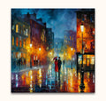 Stel van twee loopt onder roze paraplu op natte straat in olieverfschilderij 'Love from London' in de stijl van Leonid Afremov, met warme straatverlichting.
