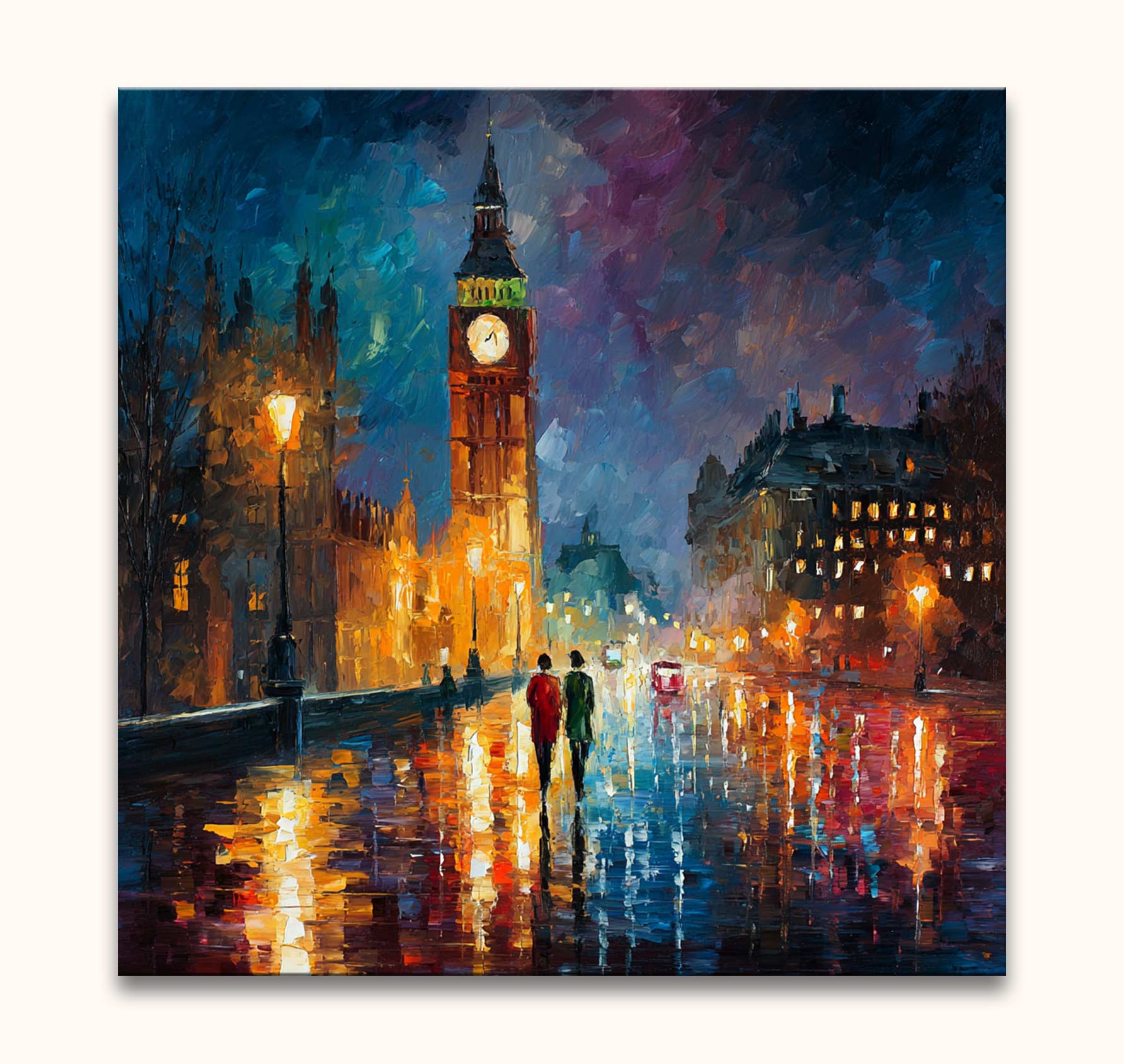 Twee wandelaars op een natte Londense straat met Big Ben, in impressionistische stijl. Origineel werk 'Lovers in London' in de stijl van Leonid Afremov.