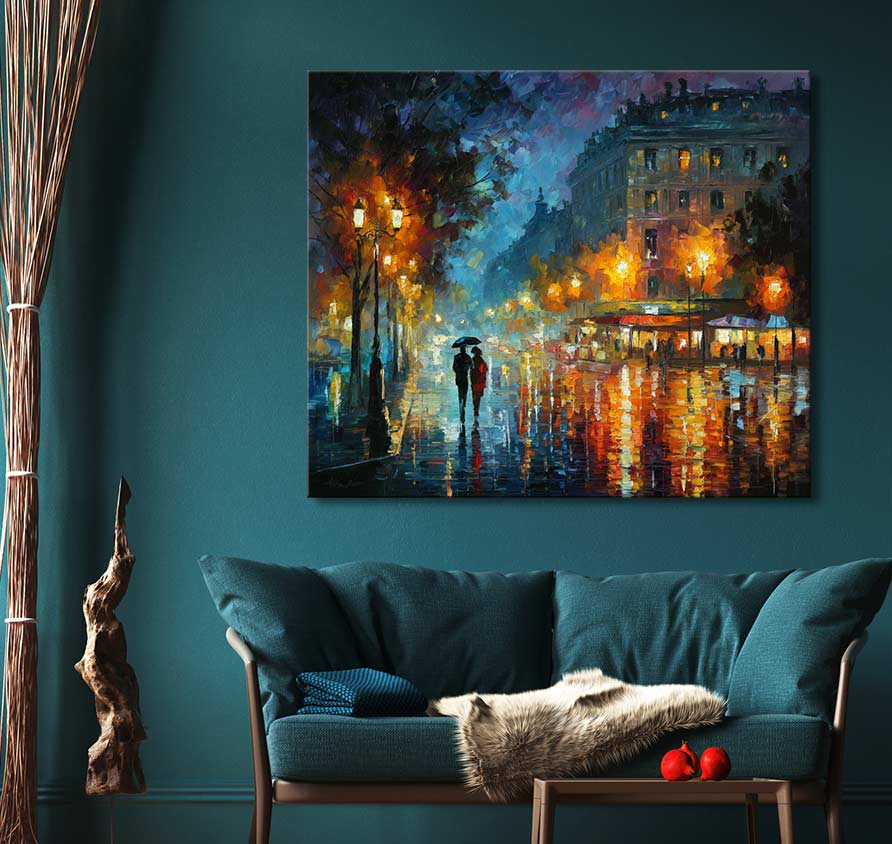 Origineel schilderij 'Champs Elysees' in de stijl van Leonid Afremov, toont een regenachtige Parijse nacht met een stel onder een paraplu.