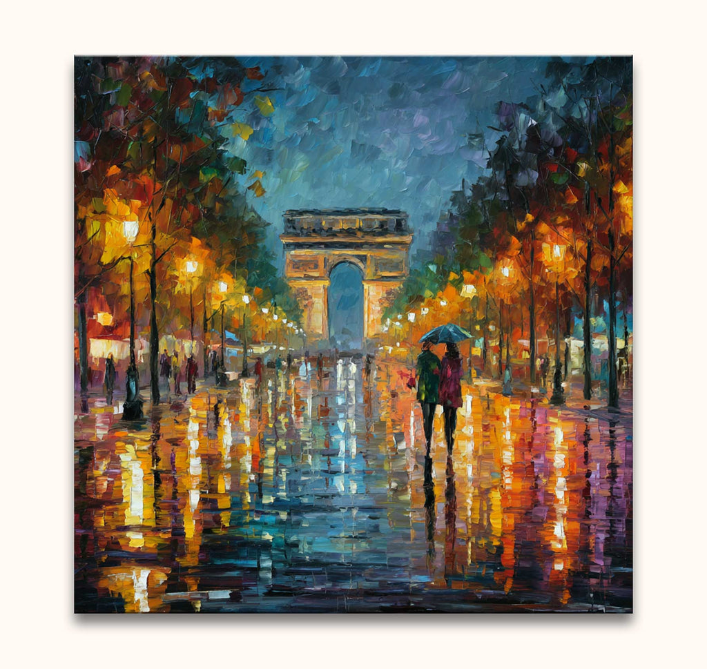 Impressionistisch schilderij van de Arc de Triomphe bij nacht, twee figuren met paraplu. Handgeschilderd in de stijl van Leonid Afremov door Grootmeesters.