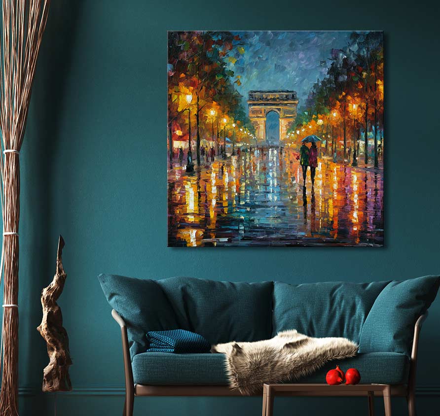 Schilderij 'Arc de Triomphe' in Leonid Afremov-stijl; olieverf op doek, twee figuren met paraplu in regenachtig straatbeeld. Geschikt voor interieurontwerp.