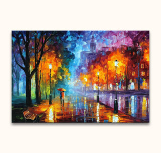 Herfstlicht - In de stijl van Leonid Afremov: Impressionistisch schilderij van een stel met rode paraplu op een natte promenade, omringd door herfstbomen en lampen, olieverf op doek.