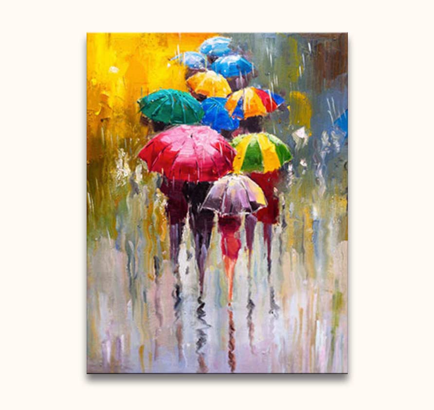 Schilderij 'Ten Couples and a Single' in Afremov-stijl; groep mensen met kleurrijke paraplu's in de regen. Olieverf op canvas, handgeschilderd door Grootmeesters.